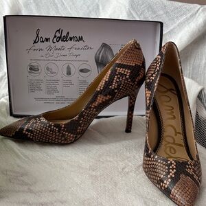 Sam Edelman Brown and Black Snake-Print Pointed Toe Pumps